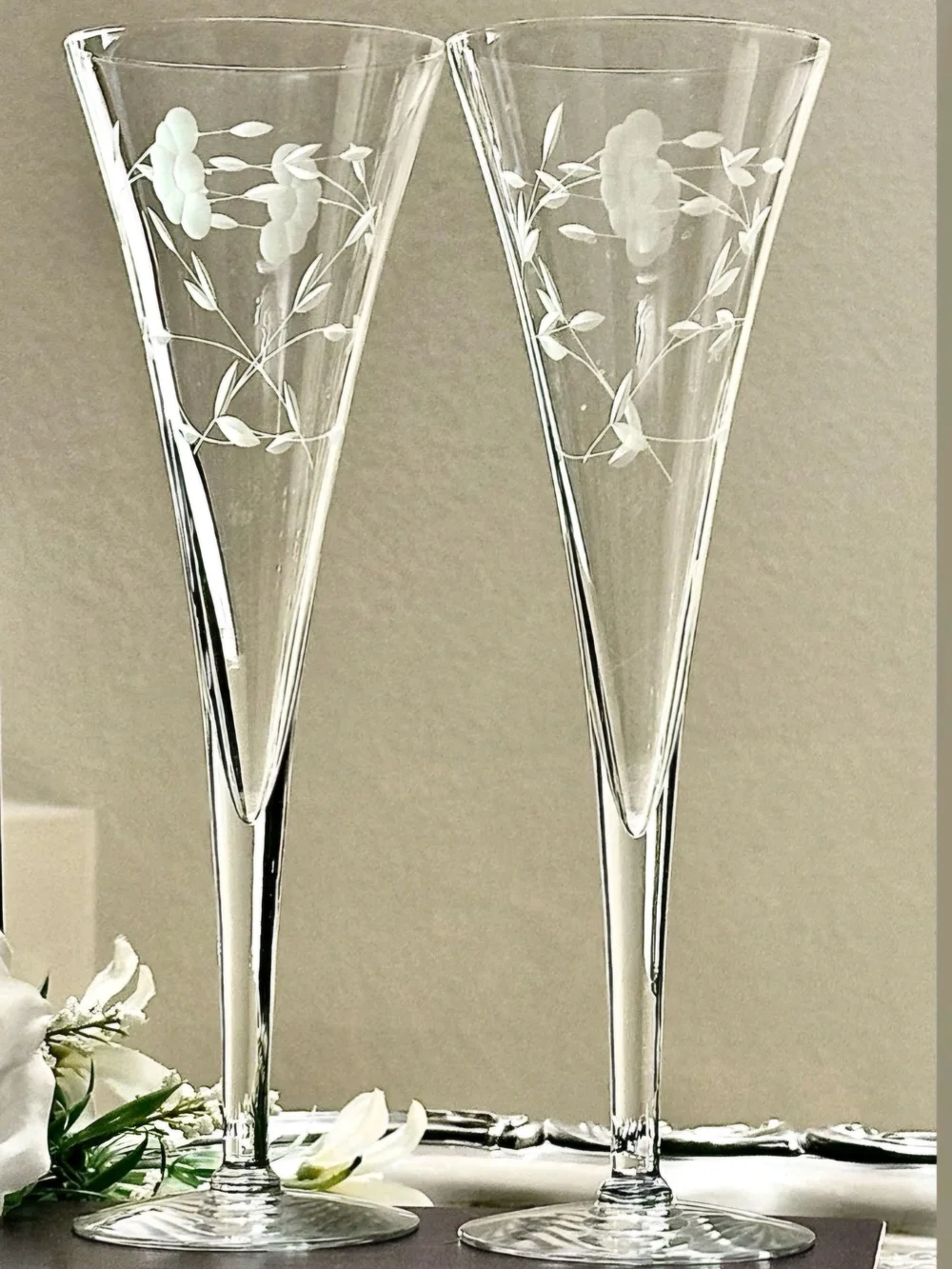 Vintage Etched Clear Glass Champagne Flutes Set of 2 Princess House Heritage